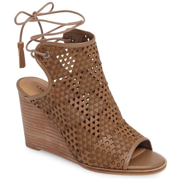 LUCKY BRAND WOMEN'S BROWN TIE RISKEE WEDGE HEELS SANDALS LEATHER SIZE 39/9 - Picture 1 of 8